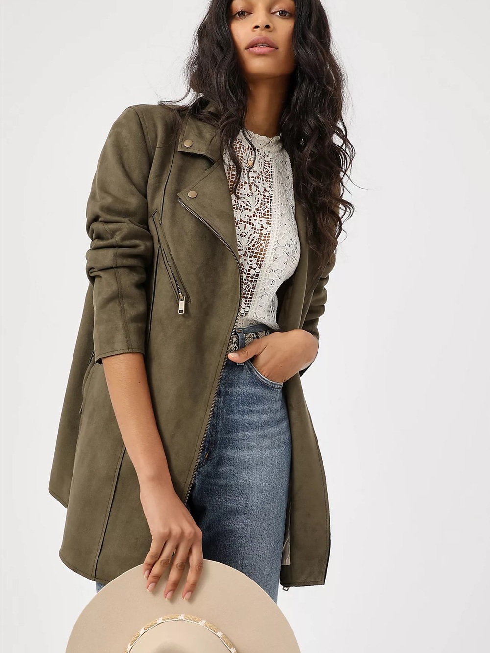 Anthropologie Olive Green Faux Suede Moto Jacket Women’s Longline Zip. Size XL